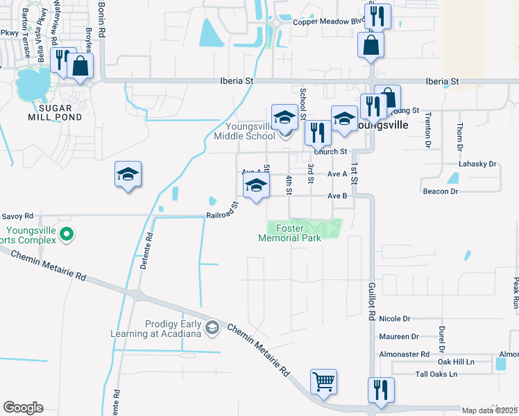 map of restaurants, bars, coffee shops, grocery stores, and more near 603 Avenue B in Youngsville