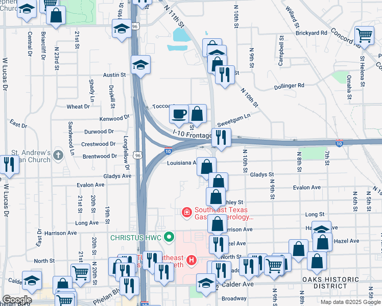map of restaurants, bars, coffee shops, grocery stores, and more near 2825 Interstate 10 Frontage Road in Beaumont