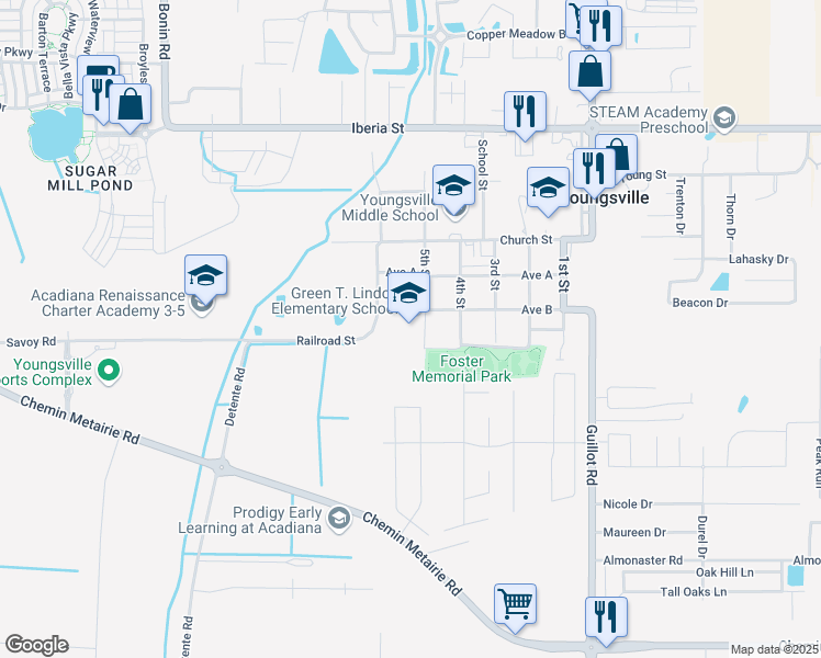 map of restaurants, bars, coffee shops, grocery stores, and more near 603 Avenue B in Youngsville