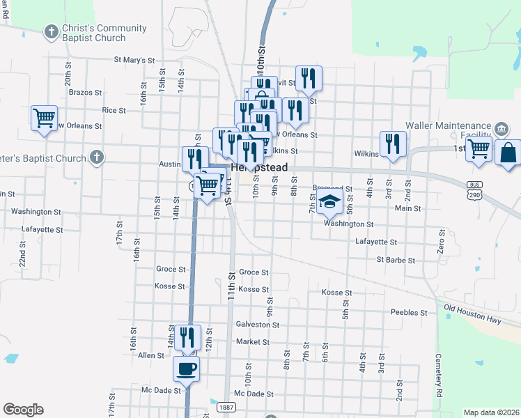 map of restaurants, bars, coffee shops, grocery stores, and more near in Hempstead