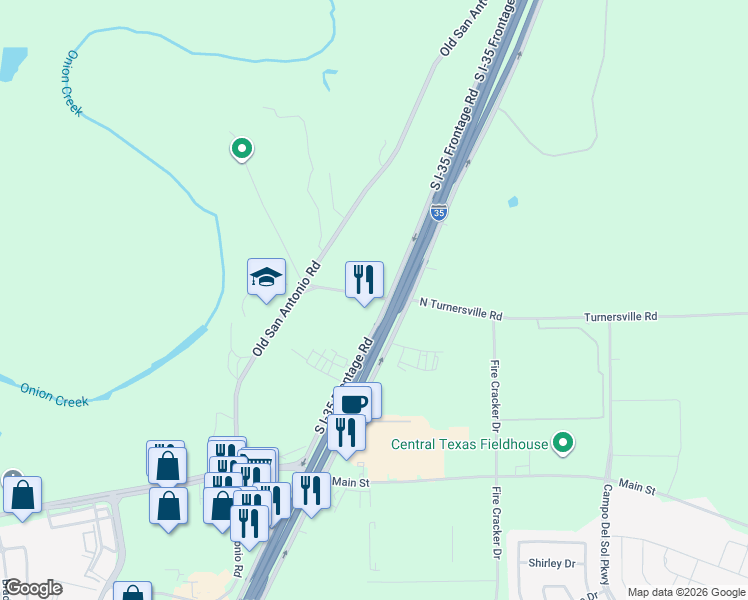 map of restaurants, bars, coffee shops, grocery stores, and more near 14500 South Interstate 35 Frontage Road in Buda
