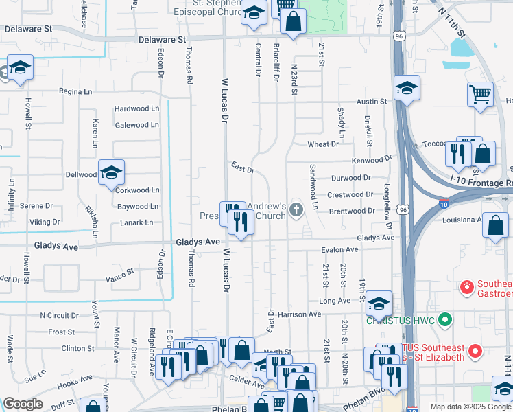 map of restaurants, bars, coffee shops, grocery stores, and more near 1498 Central Drive in Beaumont