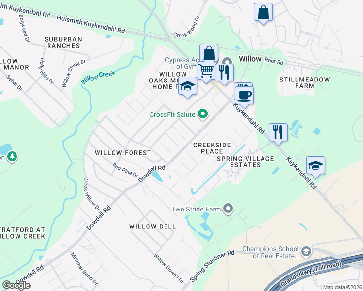 map of restaurants, bars, coffee shops, grocery stores, and more near 22806 Wild Moss Street in Tomball