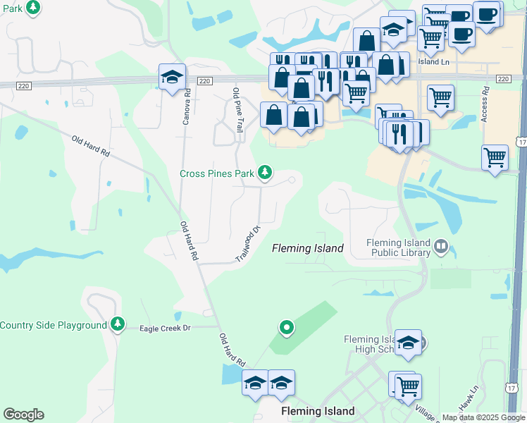 map of restaurants, bars, coffee shops, grocery stores, and more near 2139 Trailwood Drive in Orange Park