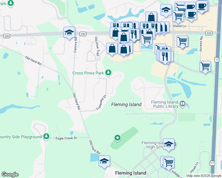 map of restaurants, bars, coffee shops, grocery stores, and more near 2044 Trailing Pines Way in Fleming Island