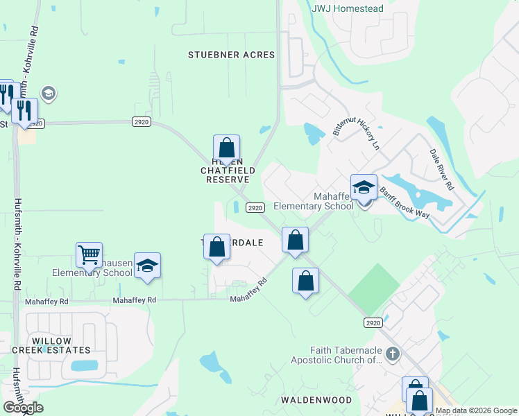 map of restaurants, bars, coffee shops, grocery stores, and more near 10130 Farm to Market 2920 in Tomball