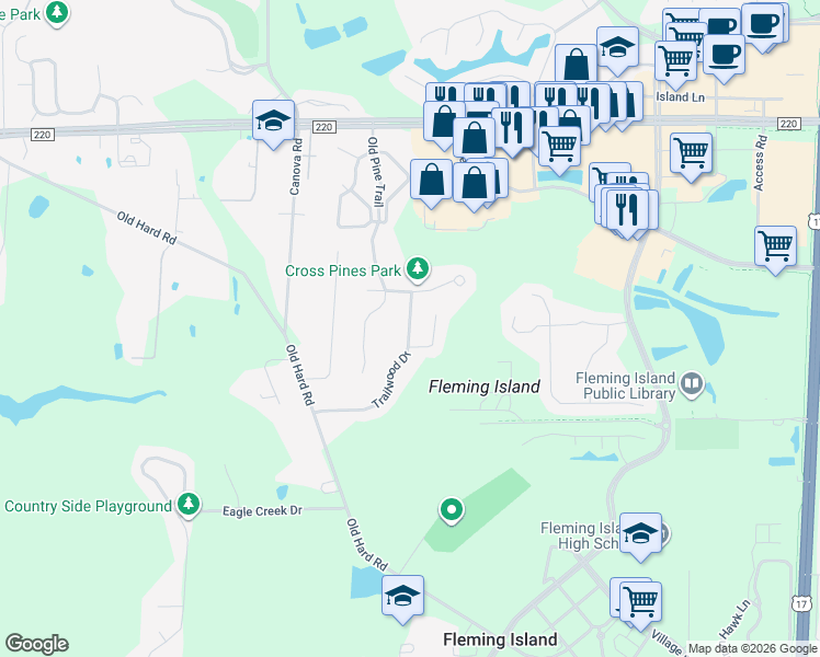 map of restaurants, bars, coffee shops, grocery stores, and more near 2139 Trailwood Drive in Fleming Island