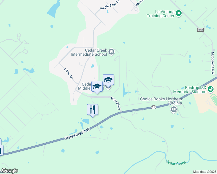 map of restaurants, bars, coffee shops, grocery stores, and more near 125 Voss Parkway in Cedar Creek