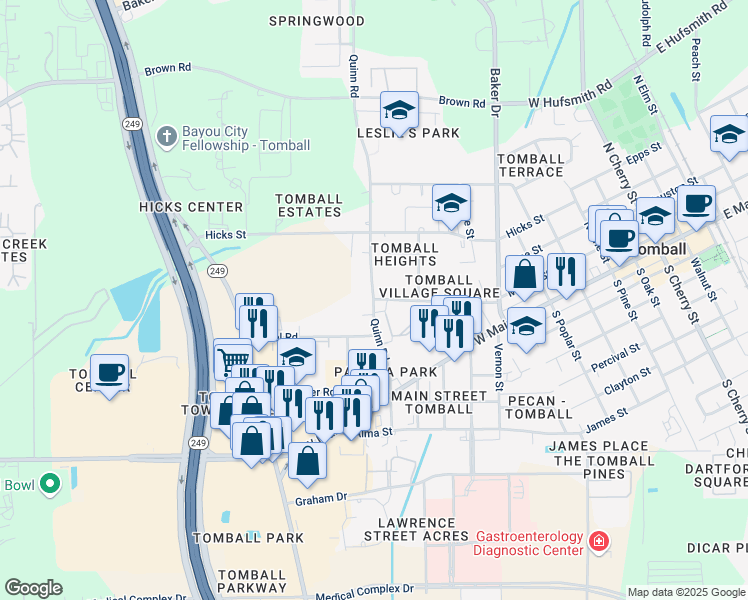 map of restaurants, bars, coffee shops, grocery stores, and more near 1159 Village Square Drive in Tomball