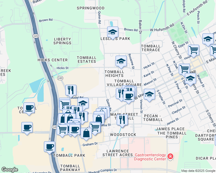 map of restaurants, bars, coffee shops, grocery stores, and more near 1012 Village Square Drive in Tomball