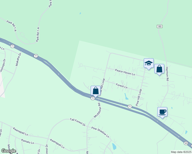 map of restaurants, bars, coffee shops, grocery stores, and more near 136 Pine Hill Loop in Bastrop