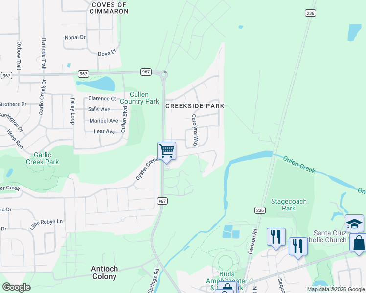 map of restaurants, bars, coffee shops, grocery stores, and more near 125 Sydney's Way in Buda
