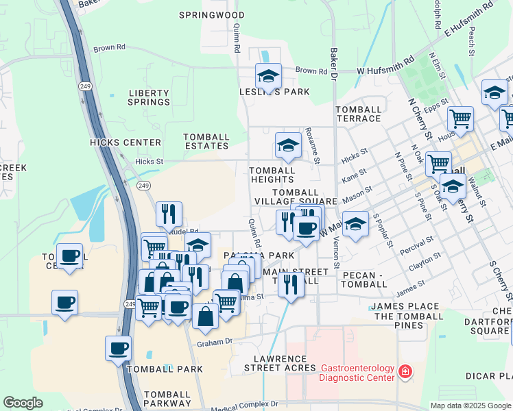map of restaurants, bars, coffee shops, grocery stores, and more near 1022 Village Square Drive in Tomball