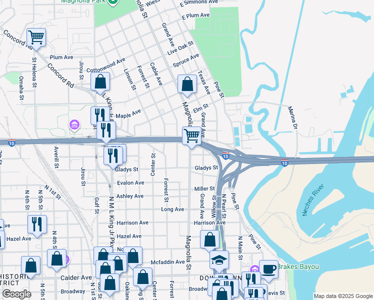 map of restaurants, bars, coffee shops, grocery stores, and more near 1435 Magnolia Street in Beaumont
