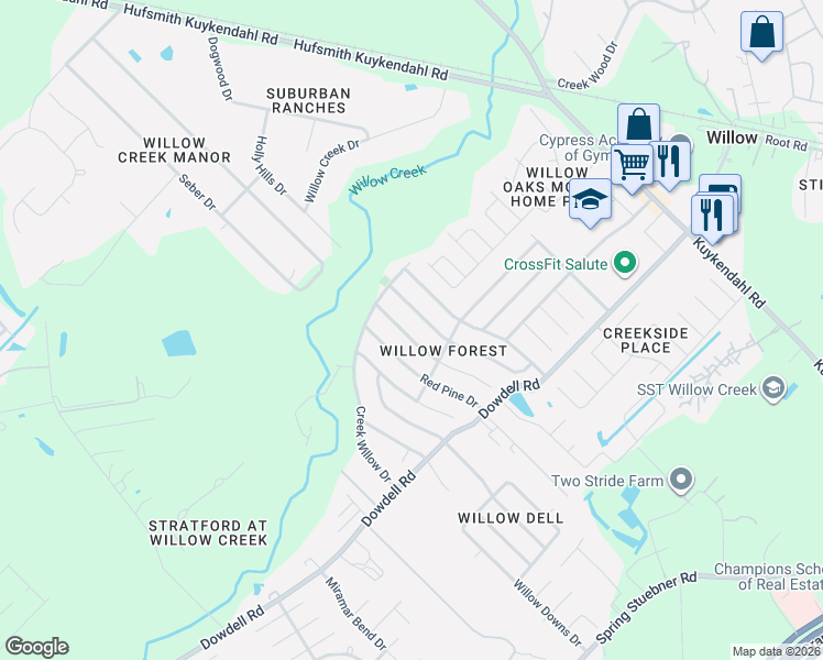 map of restaurants, bars, coffee shops, grocery stores, and more near 22702 August Leaf Drive in Tomball