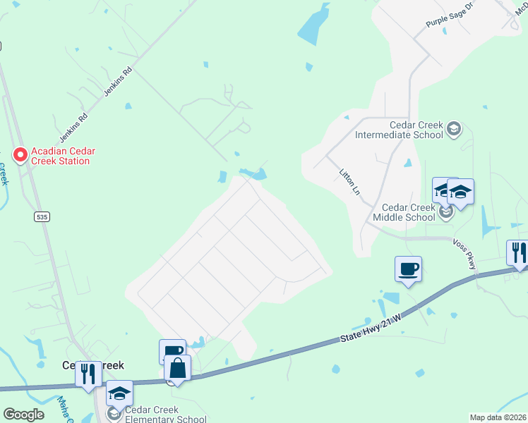 map of restaurants, bars, coffee shops, grocery stores, and more near 187 Billingsley Heights in Cedar Creek