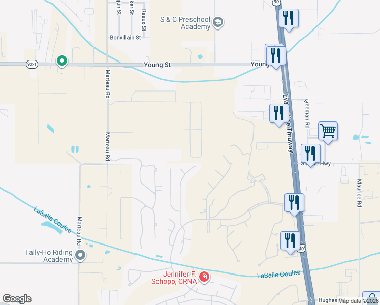 map of restaurants, bars, coffee shops, grocery stores, and more near 305 Spyglass Lane in Broussard