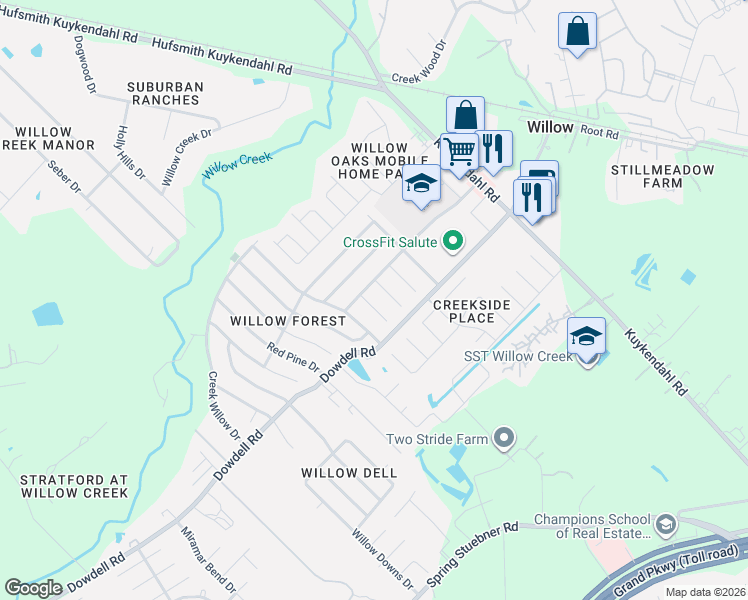 map of restaurants, bars, coffee shops, grocery stores, and more near 22839 Wild Moss Street in Tomball