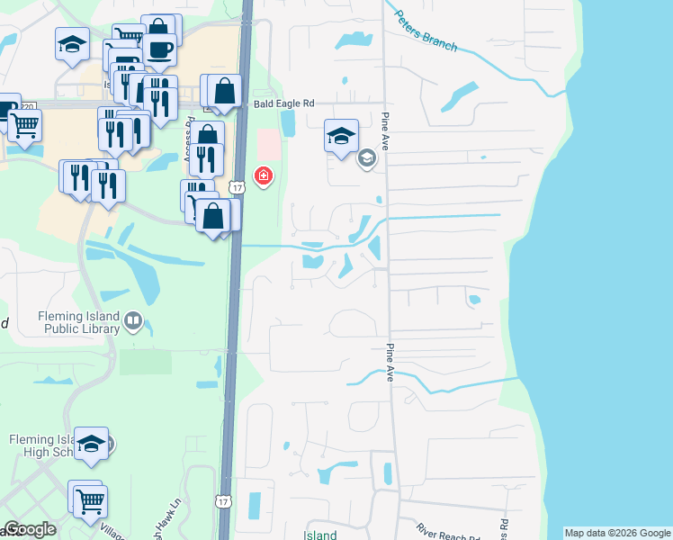 map of restaurants, bars, coffee shops, grocery stores, and more near 520 Timbercrest Lane in Fleming Island