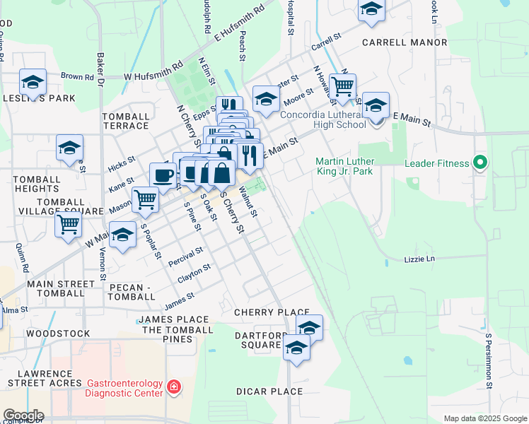 map of restaurants, bars, coffee shops, grocery stores, and more near 715 West Main Street in Tomball