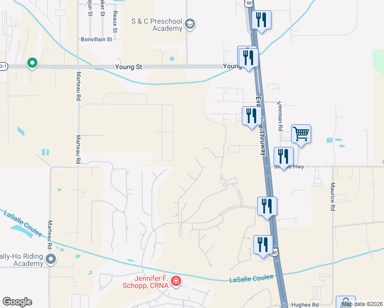 map of restaurants, bars, coffee shops, grocery stores, and more near 309 Sawgrass Lane in Broussard