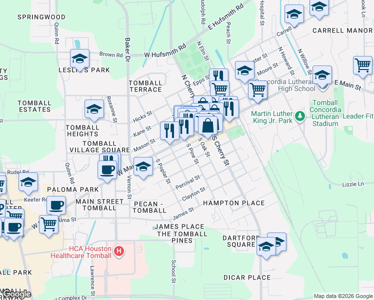 map of restaurants, bars, coffee shops, grocery stores, and more near 111 South Pine Street in Tomball