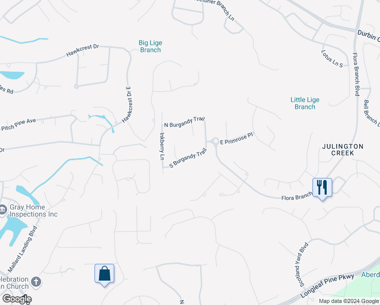 map of restaurants, bars, coffee shops, grocery stores, and more near 1425 South Burgandy Trail in Jacksonville