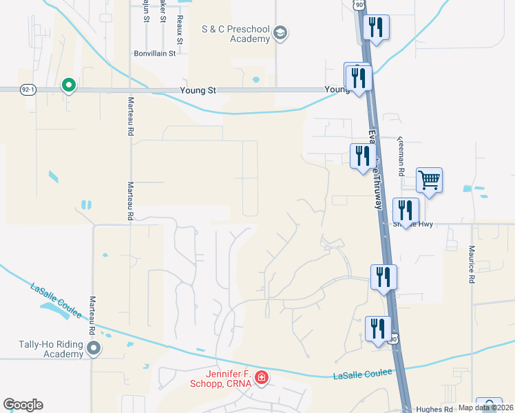 map of restaurants, bars, coffee shops, grocery stores, and more near 309 Sawgrass Lane in Broussard