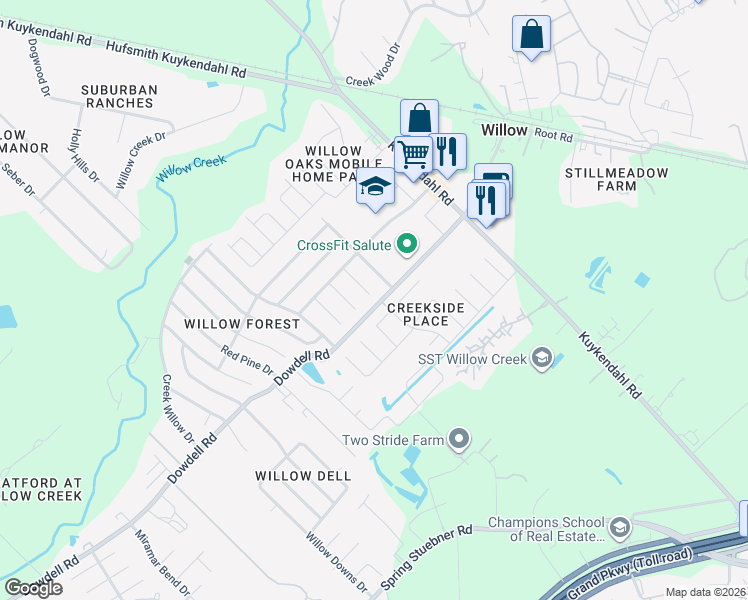map of restaurants, bars, coffee shops, grocery stores, and more near 22902 Green Bark Street in Tomball