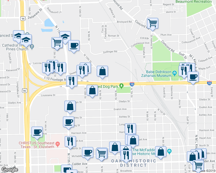 map of restaurants, bars, coffee shops, grocery stores, and more near 2401 Beech Street in Beaumont