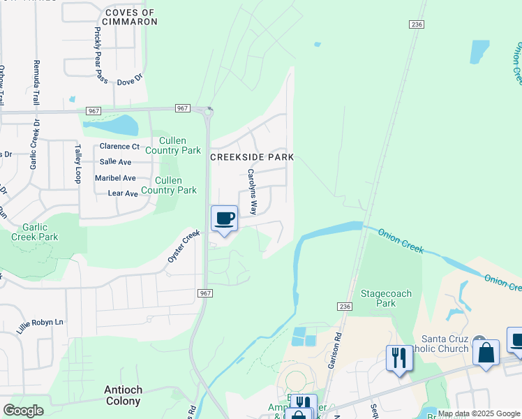 map of restaurants, bars, coffee shops, grocery stores, and more near 145 Amandas Way in Buda