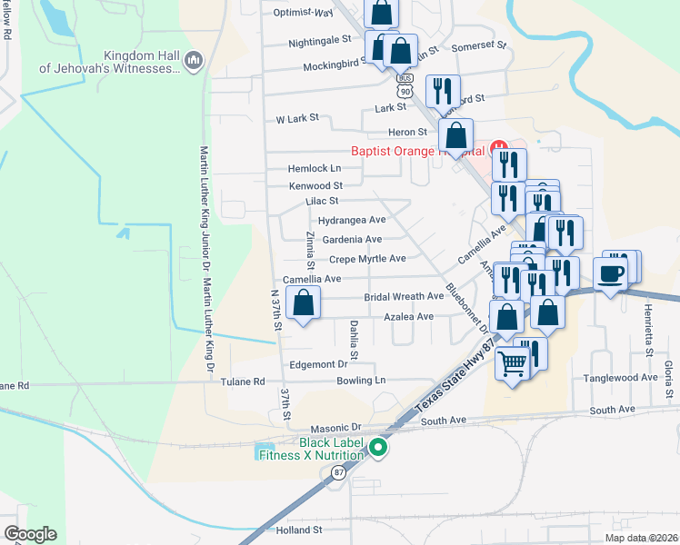 map of restaurants, bars, coffee shops, grocery stores, and more near 509 Crepe Myrtle Avenue in Orange
