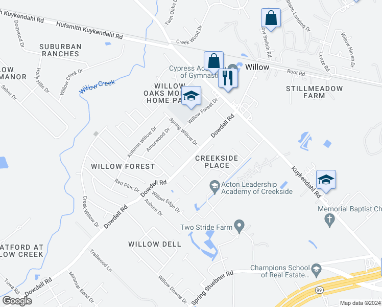 map of restaurants, bars, coffee shops, grocery stores, and more near 22902 Green Bark Street in Tomball