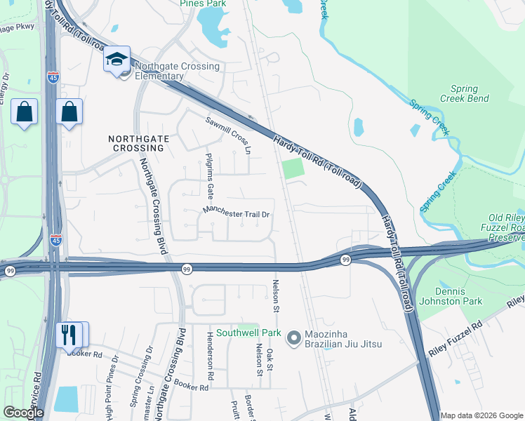 map of restaurants, bars, coffee shops, grocery stores, and more near 610 Manchester Trail Drive in Spring
