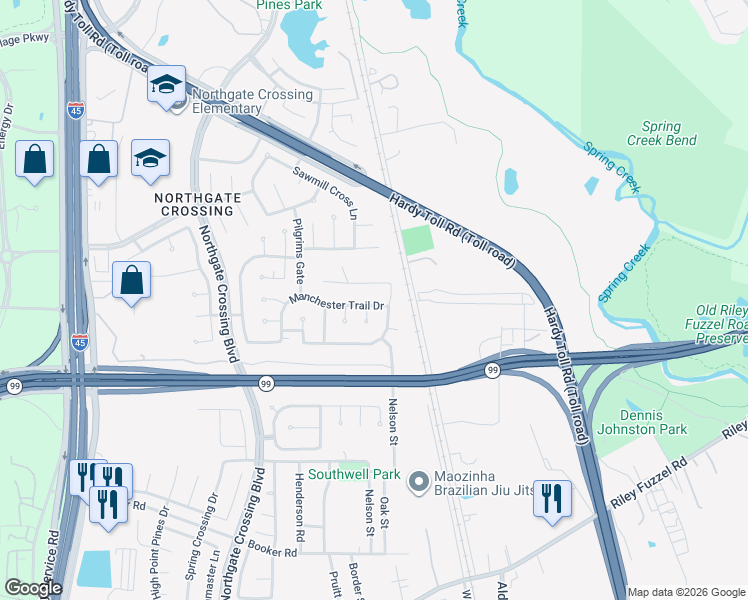 map of restaurants, bars, coffee shops, grocery stores, and more near 610 Manchester Trail Drive in Spring