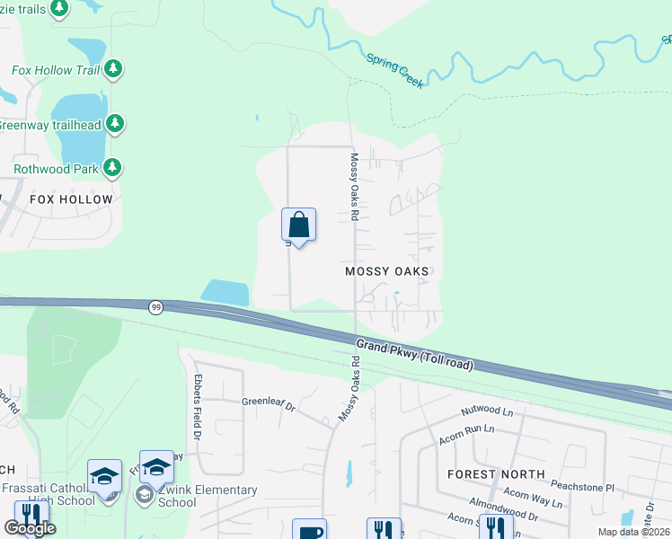 map of restaurants, bars, coffee shops, grocery stores, and more near 22803 Mossy Oaks Road in Spring