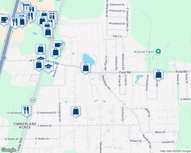 map of restaurants, bars, coffee shops, grocery stores, and more near 22731 Ford Road in Porter