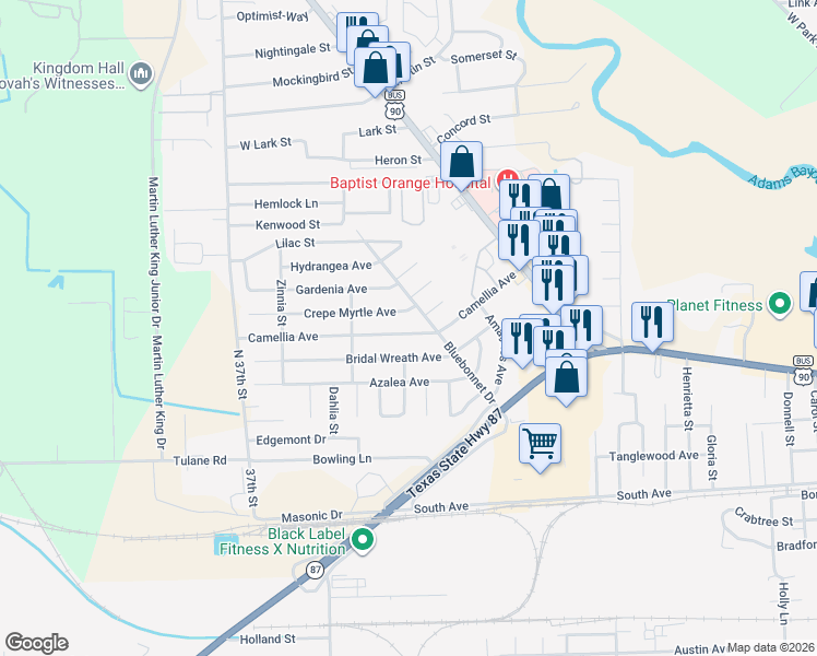 map of restaurants, bars, coffee shops, grocery stores, and more near 309 Crepe Myrtle Avenue in Orange