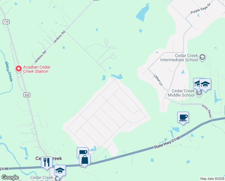 map of restaurants, bars, coffee shops, grocery stores, and more near 209 Gato Road in Cedar Creek