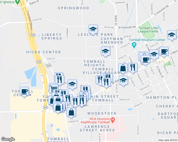 map of restaurants, bars, coffee shops, grocery stores, and more near 1018 Village Square Drive in Tomball