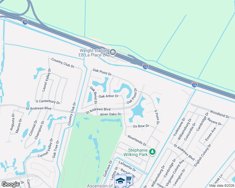 map of restaurants, bars, coffee shops, grocery stores, and more near 152 Oak Arbor Drive in LaPlace