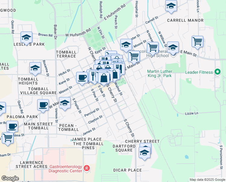 map of restaurants, bars, coffee shops, grocery stores, and more near 203 Fannin Street in Tomball