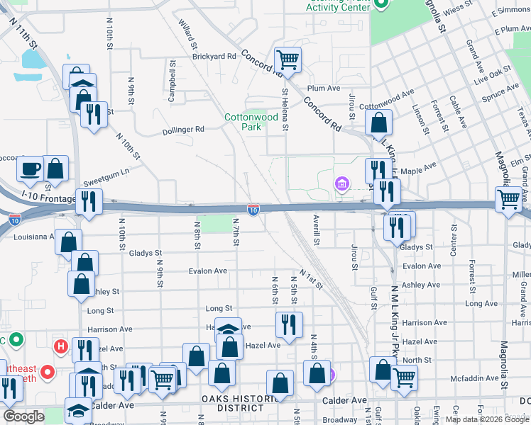 map of restaurants, bars, coffee shops, grocery stores, and more near Interstate 10 Frontage Road in Beaumont
