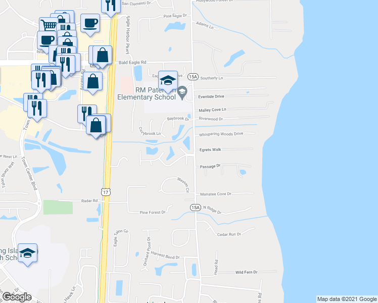 map of restaurants, bars, coffee shops, grocery stores, and more near 407 Springbrook Drive in Orange Park