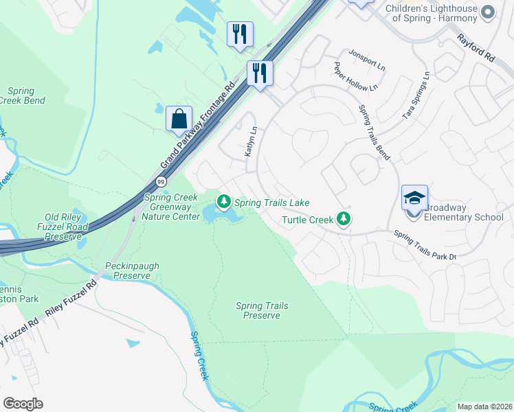 map of restaurants, bars, coffee shops, grocery stores, and more near 28323 Ryans Ridge Lane in Spring