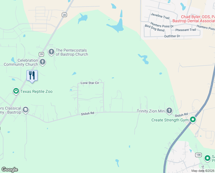 map of restaurants, bars, coffee shops, grocery stores, and more near 204 Lone Star Circle in Bastrop