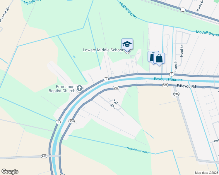 map of restaurants, bars, coffee shops, grocery stores, and more near 2217 Louisiana 308 in Donaldsonville