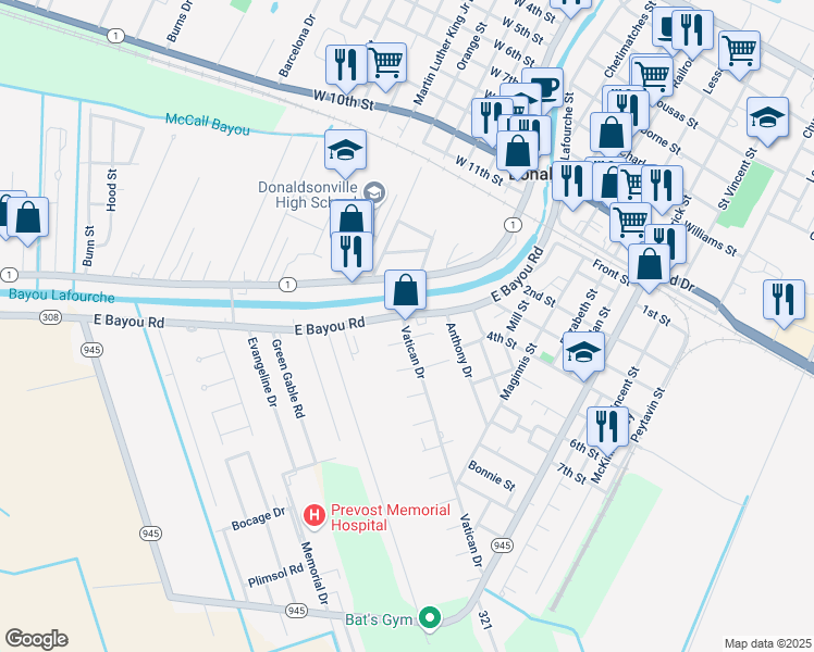 map of restaurants, bars, coffee shops, grocery stores, and more near 101 Vatican Drive in Donaldsonville