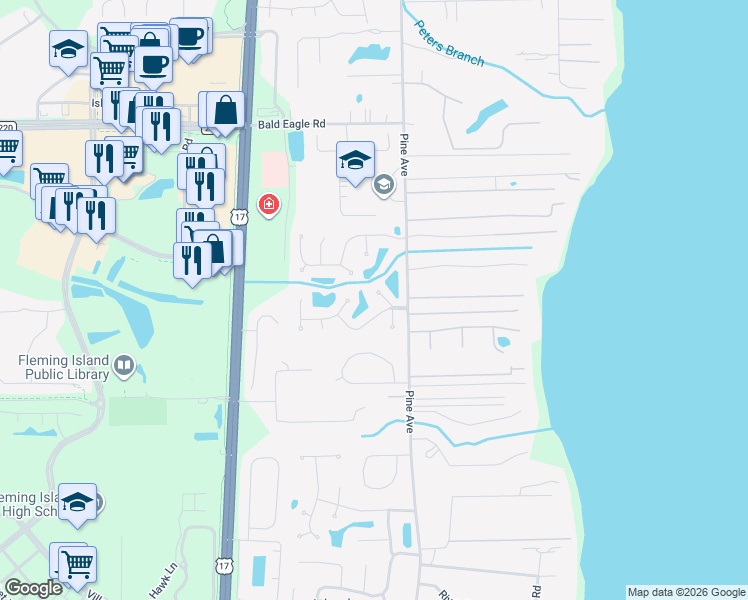 map of restaurants, bars, coffee shops, grocery stores, and more near 5506 Silkwood Lane in Orange Park
