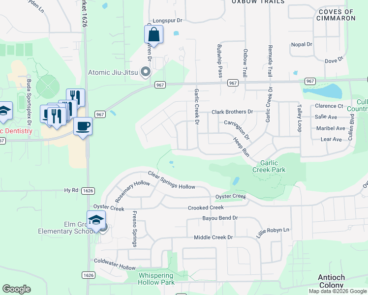 map of restaurants, bars, coffee shops, grocery stores, and more near 120 Pettigrew Path in Buda